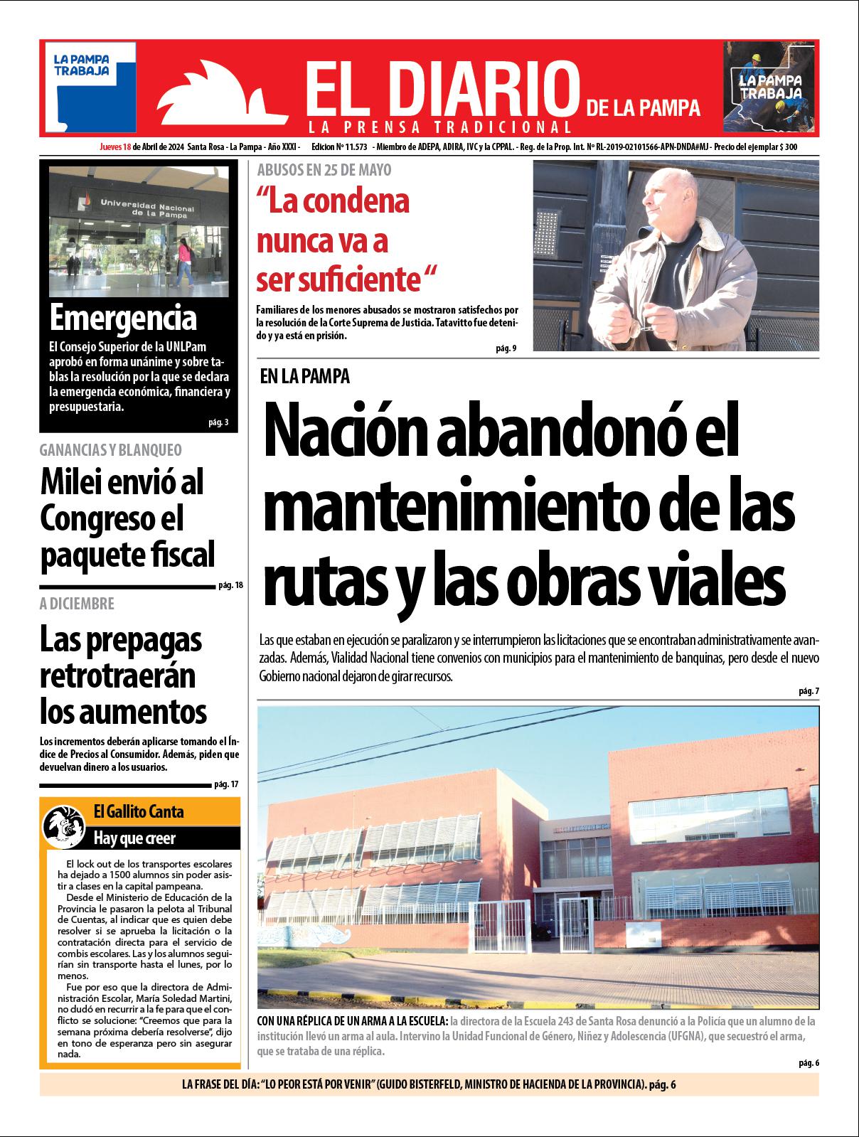 Tapa de El Diario en papel  jueves 18 de abril de 2024